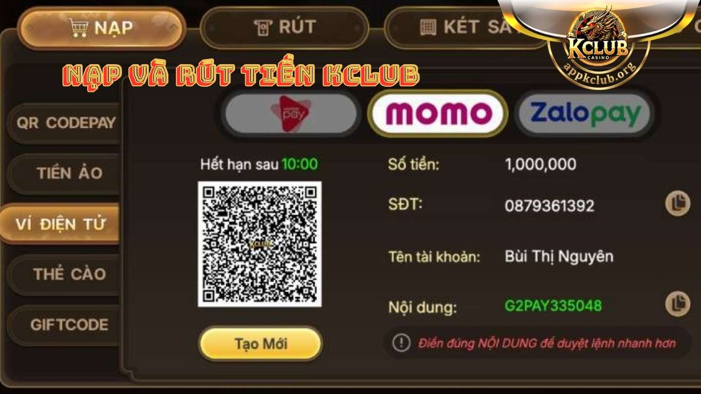 Cách nạp tiền và rút tiền tại Kclub 
